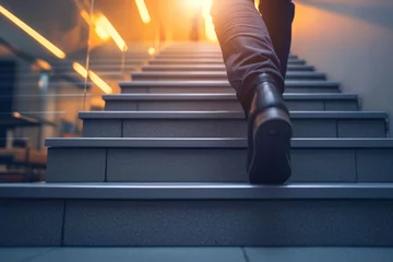 Foto op Plexiglas An ambitious businessman ascending stairs to confront an upcoming challenge and seize a business opportunity. The towering staircase symbolizes the concept of career success, future planning, and busi © Emanuel