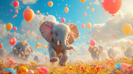 elephant with lots of colorful balloons in sky, pastel color theme
