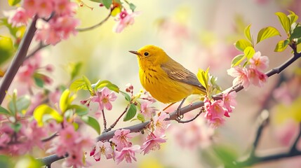 Western Tanager perched on a branch with pink blossoms