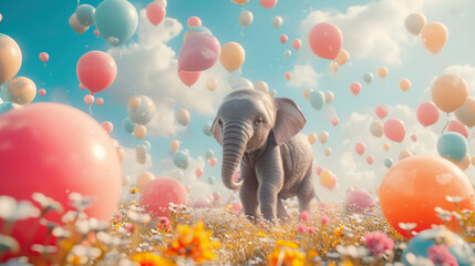 cute baby elephant with lots of colorful balloons in sky having fun, pastel color theme, birthday...