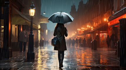 Female safety, A lone individual navigates a rainy urban setting, the gleaming wet pavement reflecting the city’s lights, capturing a moment of quiet introspection