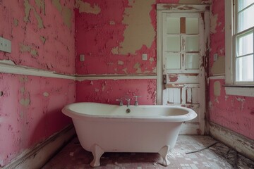 PInk old bathroom interior with tub.
