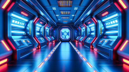 Futuristic Corridor with Blue Lighting, Showcasing a Sci-Fi Inspired Design and Empty Space for a...