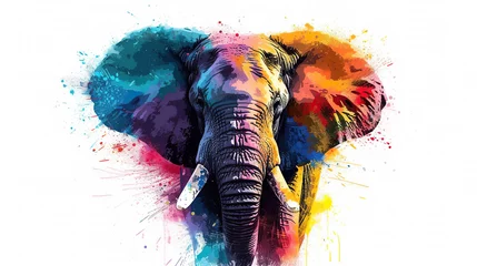 Foto op Aluminium cute elephant covered with colorful paint colors,isolated on white background, holi, cards, posters © Mahnoor