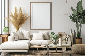 Poster frame mock-up in home interior background with sofa, table and decor in living room, 3d render - obrazy, fototapety, plakaty