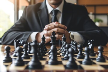A businessman with hands clasped, strategizing with chess pieces on a table - obrazy, fototapety, plakaty
