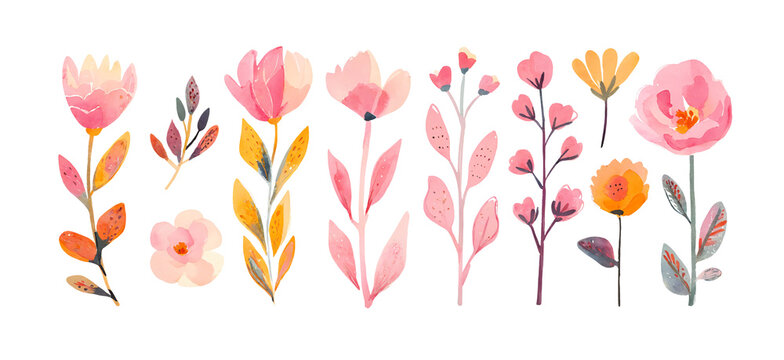 Collection of watercolor floral elements with pink blooms and foliage on an isolated background. Botanical clipart set. Spring concept. Design for wedding stationery, scrapbooking, graphic design.