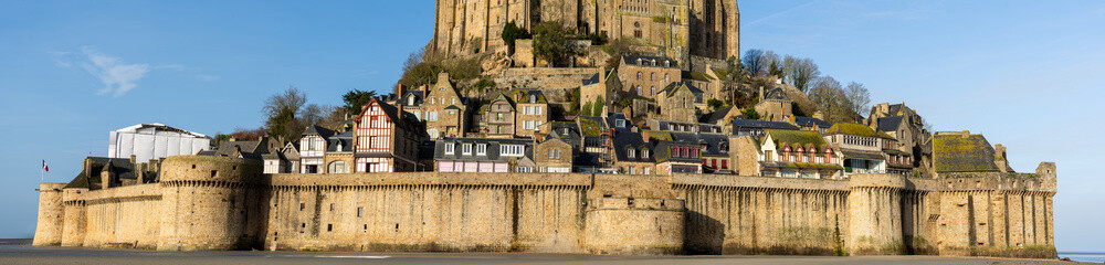 Mont Saint Michel at low tide and sunshine, no crowd, Panorama