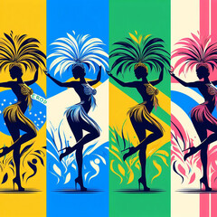Fototapeta na wymiar Brazilian Carnival illustration with traditional samba dancers, Sambistas. Carnival in Rio de Janeiro. On white and colorful backgrounds.