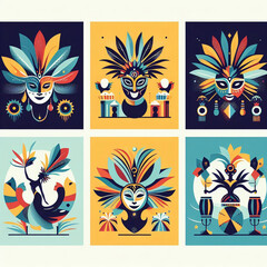 Brazilian Carnival illustration with traditional samba dancers, Sambistas. Carnival in Rio de Janeiro. On white and colorful backgrounds.