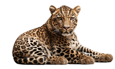 A sleek leopard in a resting pose, looking off to the side, against a solid white and transparent background. generative AI 
