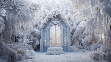 Digital illustration of a castle entrance frozen in time with an aura of grandeur and mystery. A blanket of snow covering historic architectural splendor castle. - obrazy, fototapety, plakaty