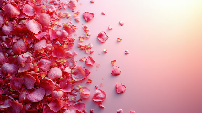 Pink petals on a pink background with free space for text. AI generated