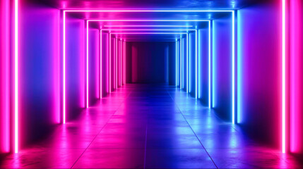 Futuristic neon tunnel with blue and pink lights, creating an abstract and modern virtual reality...