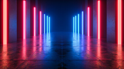 Futuristic Neon Lights Room, Vibrant Blue and Pink Glowing Interior Design Concept