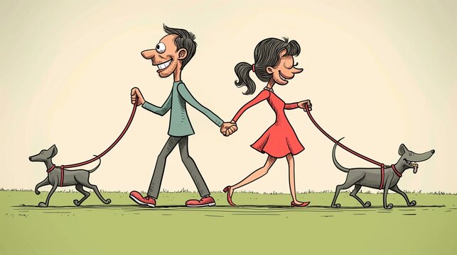 Funny humorous cartoon with two odd dog owners holding hands but who don't go in the same direction, separating happily while keeping a dog in leash, smiling people who seem in love, maybe dancing