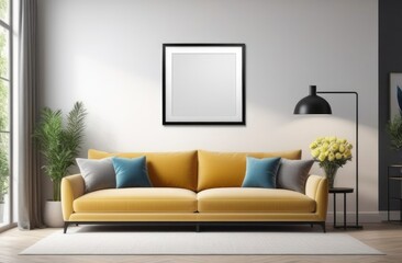 empty mockup picture frame on the wall, minimalist interior, interior of a modern living room, lounge area with a bright sofa, indoor plants, poster template