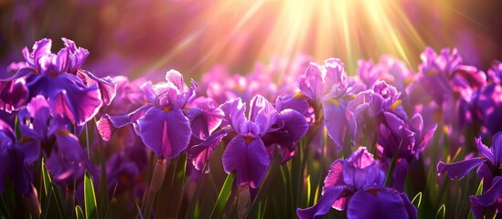 A meadow filled with purple iris flowers, their vibrant petals illuminated by the sun, creates a stunning scene.