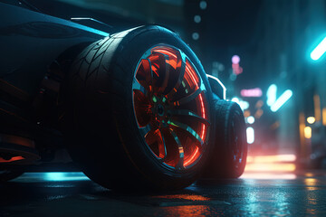 Bottom view of the wheel of a futuristic car illuminated with neon red rim