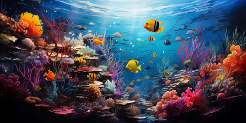 Vibrant underwater scene teeming with various fish species with space for copy, portraying an authentic underwater environment