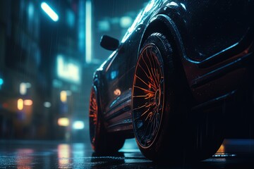 Bottom view of a wide wheel of a futuristic car on a sci fi city street in the rain