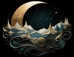 a design containing a big moon over a snowy landscape, in the style of dark emerald and gold