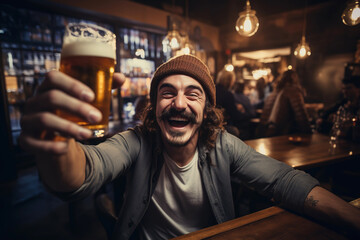 Happy smiling long-haired mustachioed man and beanie hat raising his hand with a glass of beer in a cozy neighborhood pub