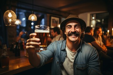 Happy smiling long haired mustachioed man and trilby hat raising his hand with a glass of beer in a pub - obrazy, fototapety, plakaty