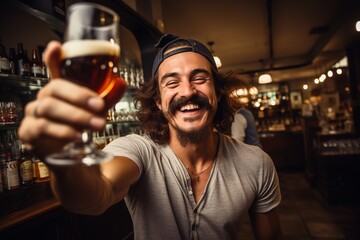 Happy smiling long-haired mustachioed man in a backwards baseball cap raises his hand with a glass of beer in a cozy neighborhood pub