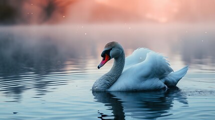 Graceful Swan at Dawn - A Beautiful White Swan Swimming in a Tranquil Lake, Illuminated by the Soft Light of Sunrise - Powered by Adobe