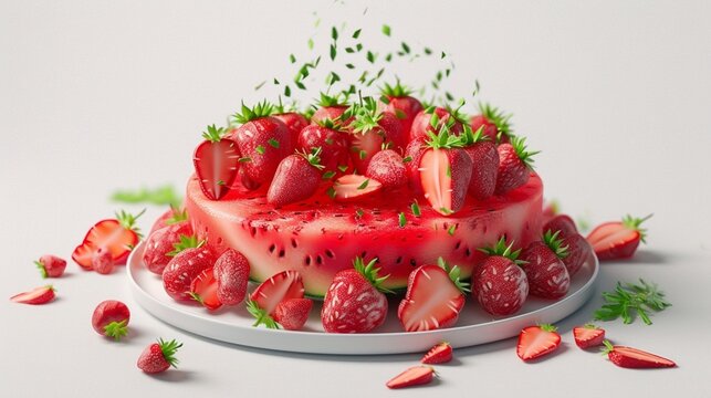 Transport yourself to a world of gastronomic delight with a super realistic depiction of a PSD watermelon cake adorned with juicy strawberries, set against a transparent background. 