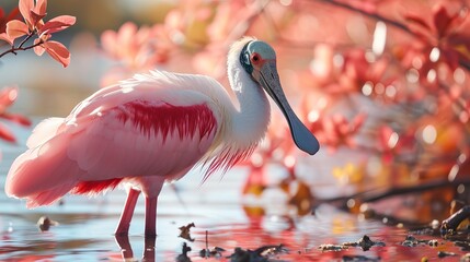 Graceful Roseate Spoonbill Bird Standing in Shallow Water Surrounded by Autumn Leaves and Pink Blossoms