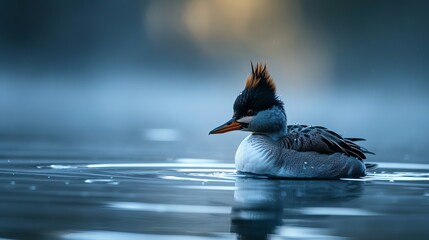 Elegant Merganser Duck Swimming in Calm Waters Under the Soft Glow of Dusk Light