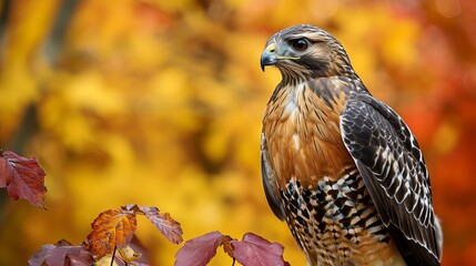 Majestic Red-Tailed Hawk Perched Amidst Autumn Leaves, Showcasing Detailed Feathers and Intense Gaze