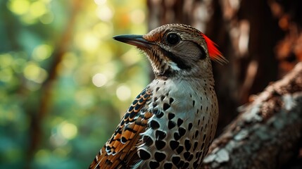 Close-up of a spotted towhee perched on a tree in a sunlit forest