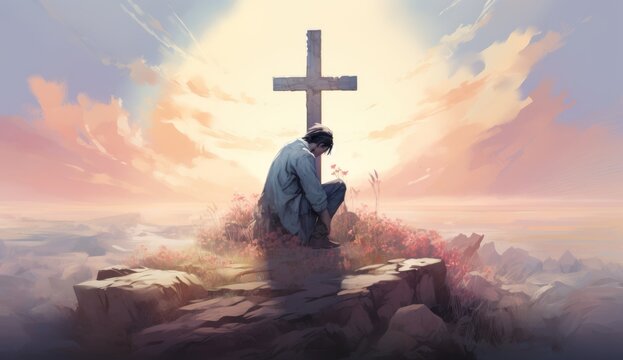 Man kneeling, sitting down before a cross. Holy cross symbolizing the death and resurrection of Jesus Christ with the sky over Golgotha Hill is shrouded in light and clouds