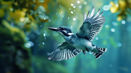 raceful Kingfisher Bird in Mid-Flight Amidst Lush Green Forest and Glistening Water Droplets