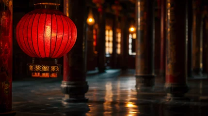 Fotobehang a red lantern in a dark room with columns © junaid