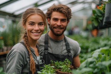 A cheerful married couple working together in a greenhouse, cultivating organic plants and embodying family values.