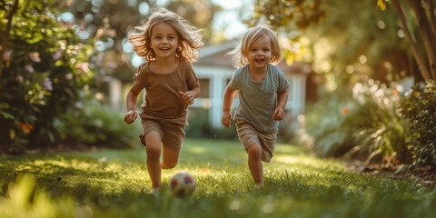 Cute toddler siblings playing together with a soccer ball in the sunny countryside, showcasing carefree childhood.