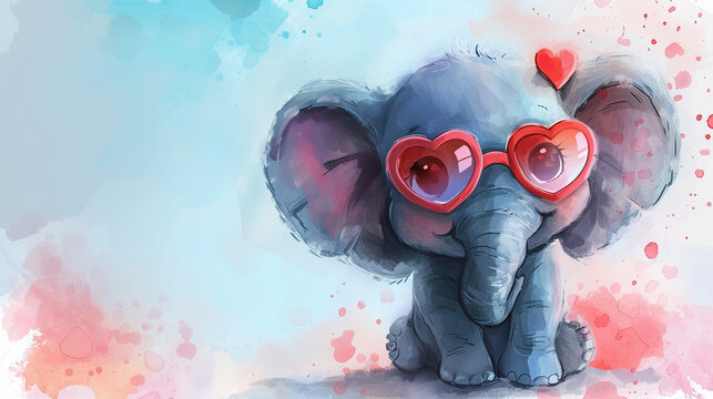 cute baby elephant with red heart shaped goggles, happy valentines day, can be used for cards, t shirt prints, baby shower