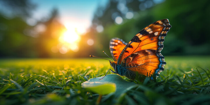 A vibrant butterfly on a fresh leaf in a sunny lawn, showcasing the beauty of nature in summer.