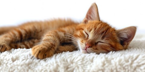 A cute kitten with red fur, lying comfortably on a soft blanket, enjoying a cozy nap.