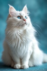 A fluffy white cat with blue eyes sits by a window, showcasing playful beauty.