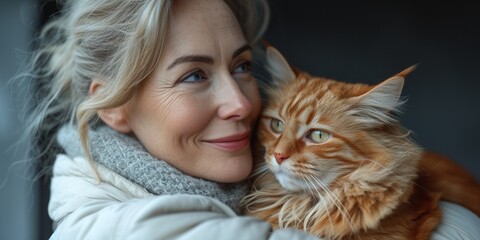 An elegant, smiling lady radiates positivity while stylishly hugging a fluffy ginger cat indoors.