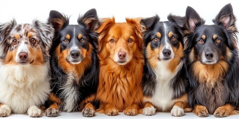 An adorable group of dogs, including a sheepdog, collie, and others, showcasing friendship and cuteness.