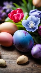 Fototapeta na wymiar Easter greeting with colorful eggs and flowers