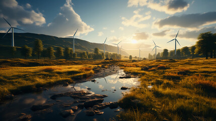 a solar panel and wind turbines in a field