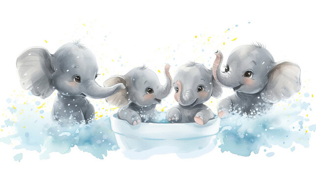 cute happy baby elephants in bathing tub, with white background