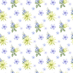 Watercolor floral seamless pattern. Gently hand painted background with yellow and violet flowers.